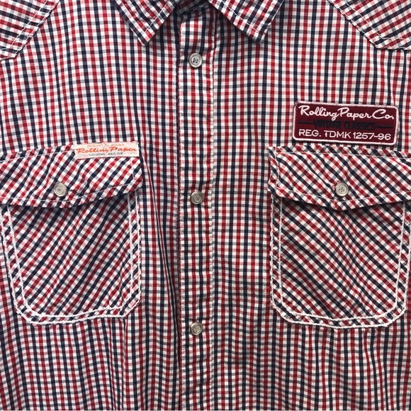 Rolling Paper Brand‎ Button Up Mens Shirt 3XL Long Sleeve Red Blue Plaid Cotton. - Picture 2 of 8